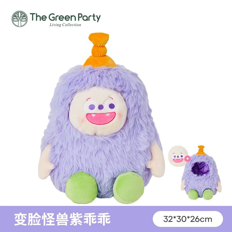 The Green Party Lovely Furry Monster Plush Doll | Purple White Pink Green can change face- 30-35cm Children Gift Animal Plush Doll