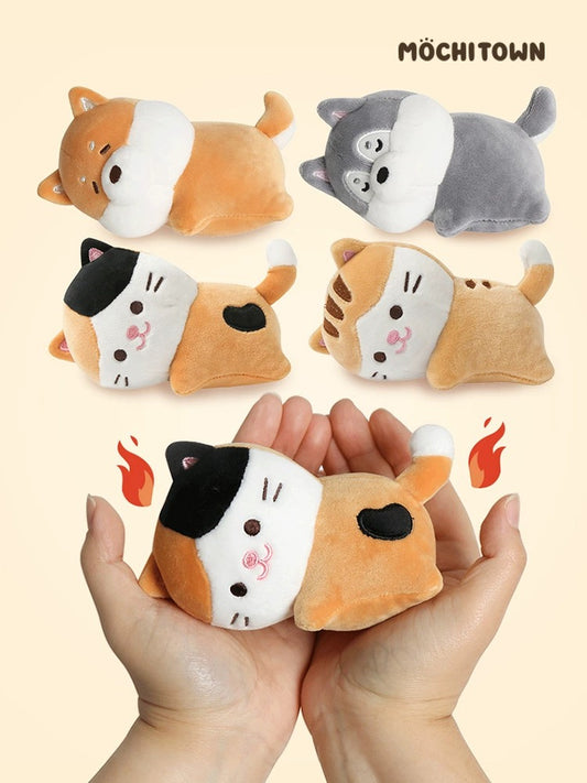 Mochi Town Lovely Animal Warm Hand Plush Doll | Laying Down Calico Cat Dog - Mini Plush Doll Children Gift Animal