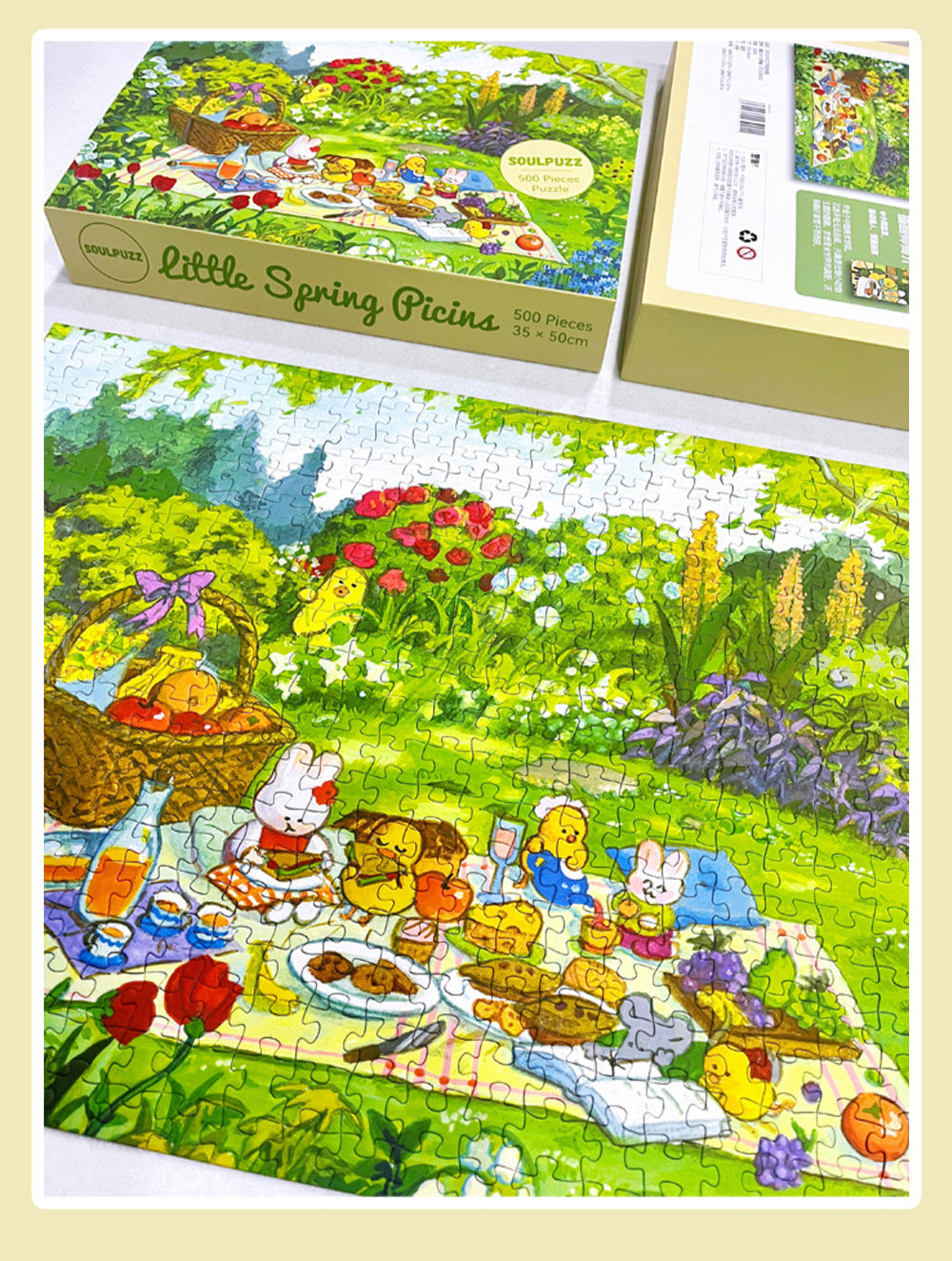 SOULPUZZ 500 Pieces Puzzle | Little Spring Picnic -Rabbit Chicken Cute Animal Drawing Difficulty Stress Relief Couples Trendy Gifts Home Decoration