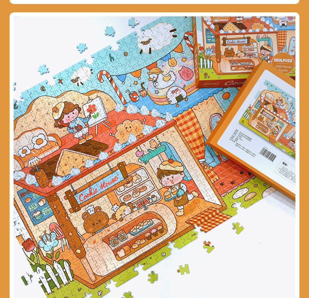 SOULPUZZ 1000 Pieces Puzzle | Cookie House - Cute Boy and Girl with Bear Barkey Puzzle Difficulty Decompression Couples Trendy Gifts Home Decoration