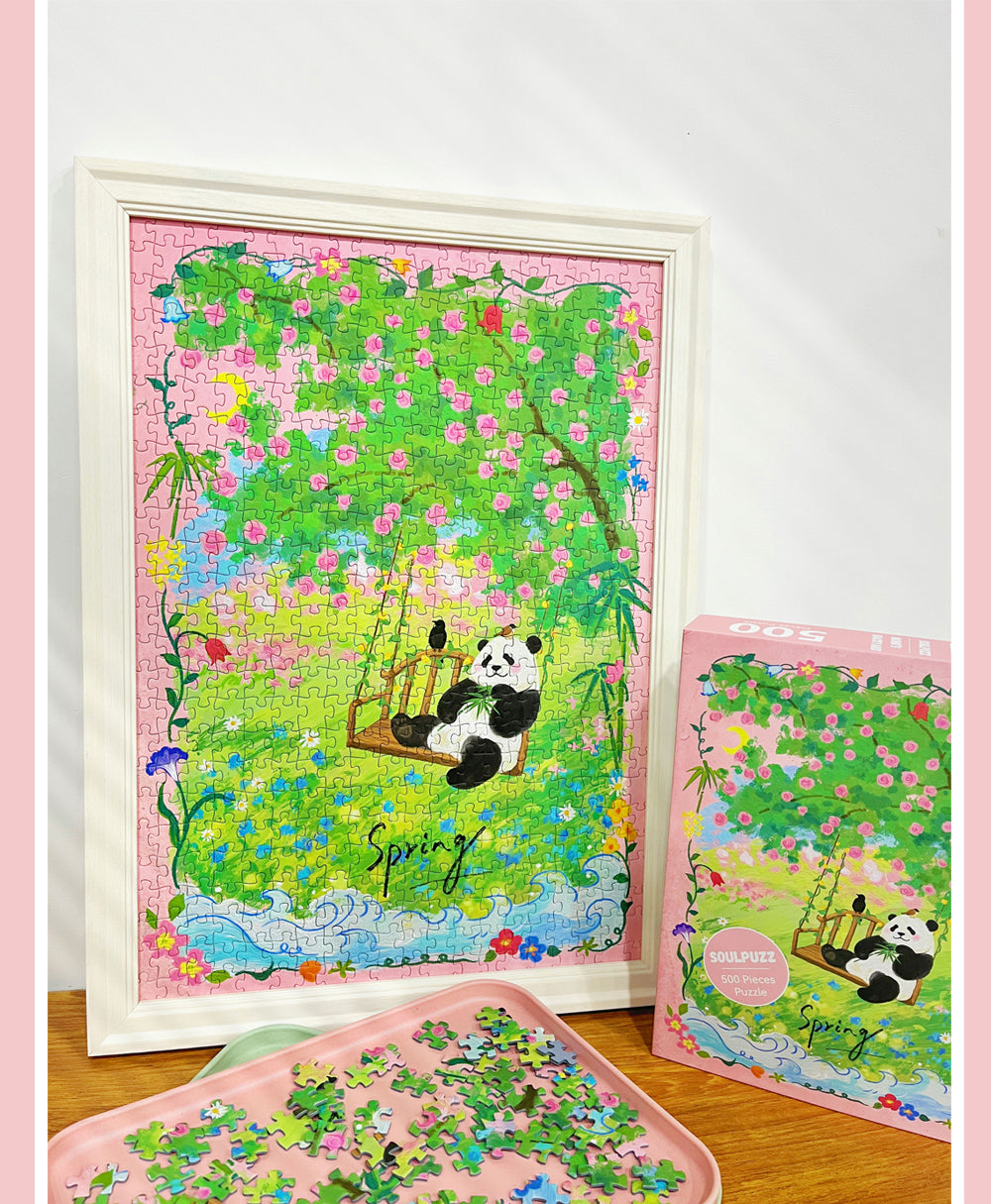 SOULPUZZ 500 Pieces Puzzle | Momo's Backyard - Panda with Swing in Spring Flower Garden Cute Animal Difficulty Stress Relief Couples Trendy Gifts Home Decoration