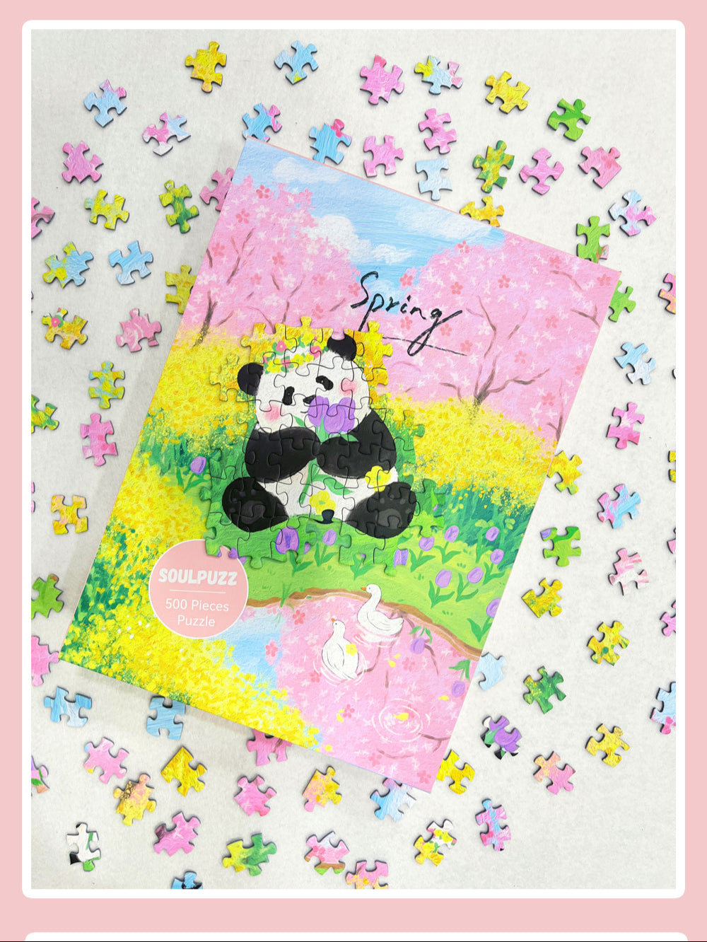 SOULPUZZ 500 Pieces Puzzle | Princess & Flower - Panda Princess Fu in Spring Flowers Sea Cute Animal Difficulty Stress Relief Couples Trendy Gifts Home Decoration