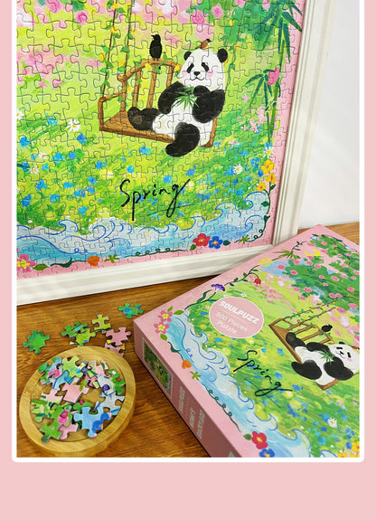 SOULPUZZ 500 Pieces Puzzle | Momo's Backyard - Panda with Swing in Spring Flower Garden Cute Animal Difficulty Stress Relief Couples Trendy Gifts Home Decoration