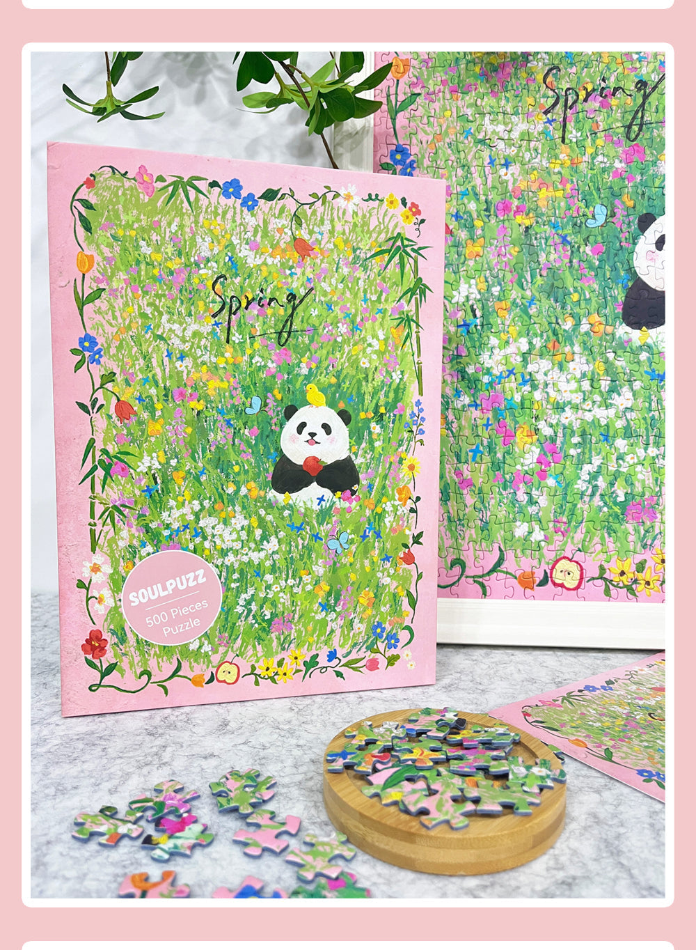 SOULPUZZ 500 Pieces Puzzle | Fafa in Spring - Panda with Flower Field Cute Animal Difficulty Stress Relief Couples Trendy Gifts Home Decoration