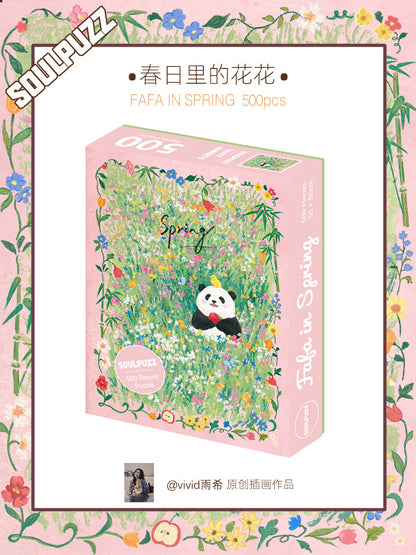 SOULPUZZ 500 Pieces Puzzle | Fafa in Spring - Panda with Flower Field Cute Animal Difficulty Stress Relief Couples Trendy Gifts Home Decoration