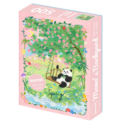 SOULPUZZ 500 Pieces Puzzle | Momo's Backyard - Panda with Swing in Spring Flower Garden Difficulty Stress Relief Couples Trendy Gifts Home Decoration