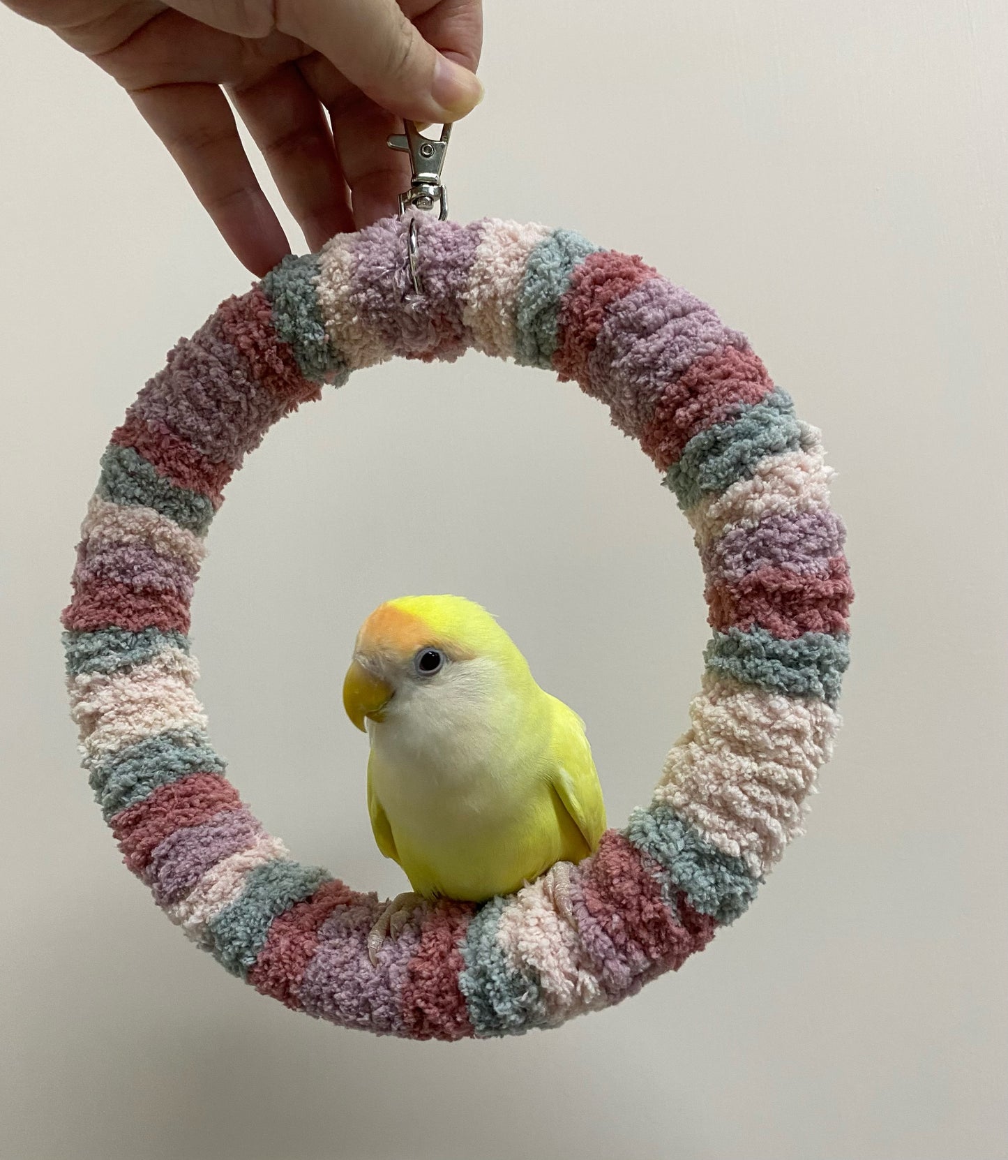 Handmade 17.5cm Sakura Pink Purple Yarn Knitting Ring Swings Parrot Birdie Toy