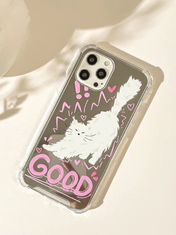 Good White Cat Kitten with Mirror iPhone case Kawaii Lovely Cute Lolita iPhone 7 8 PLUS SE2 XS XR X 11 12 13 14 15 Pro Promax 12mini 13mini