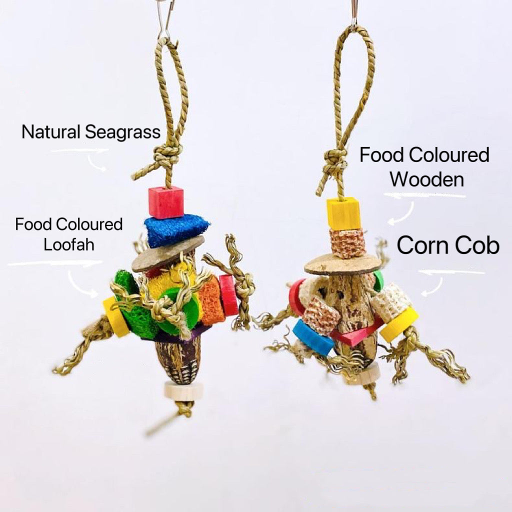 Parrot Toy Natural Colourful Loofah Corn Cob Bird Bites Hanging Toy Handmade