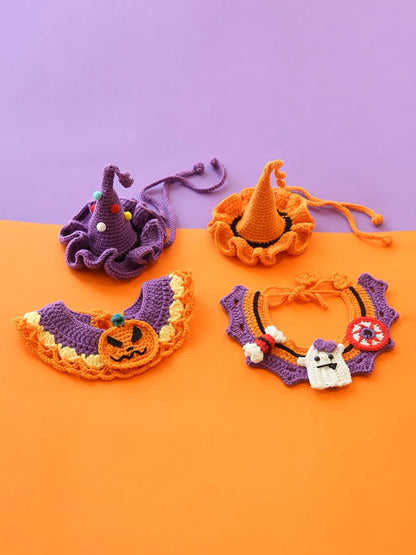 Handmade Knitted Cat Dog Collar | Halloween Pumpkin Witch Ghost Cute Style Knit Costume Neck Wear for Kitty Cat Puppy Dog Bunny Rabbit