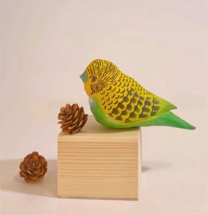 Handmade Bass Wood Blue Green Budgie Parrot Bird Figure Wood Carving Decoration Gift Made to Order