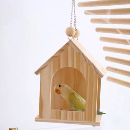 Handmade Wooden Little House Hanging Toy for Parrot Bird Toys Organic Bird Cages Accessories Lovebird Budgie Pacific Parrotlet