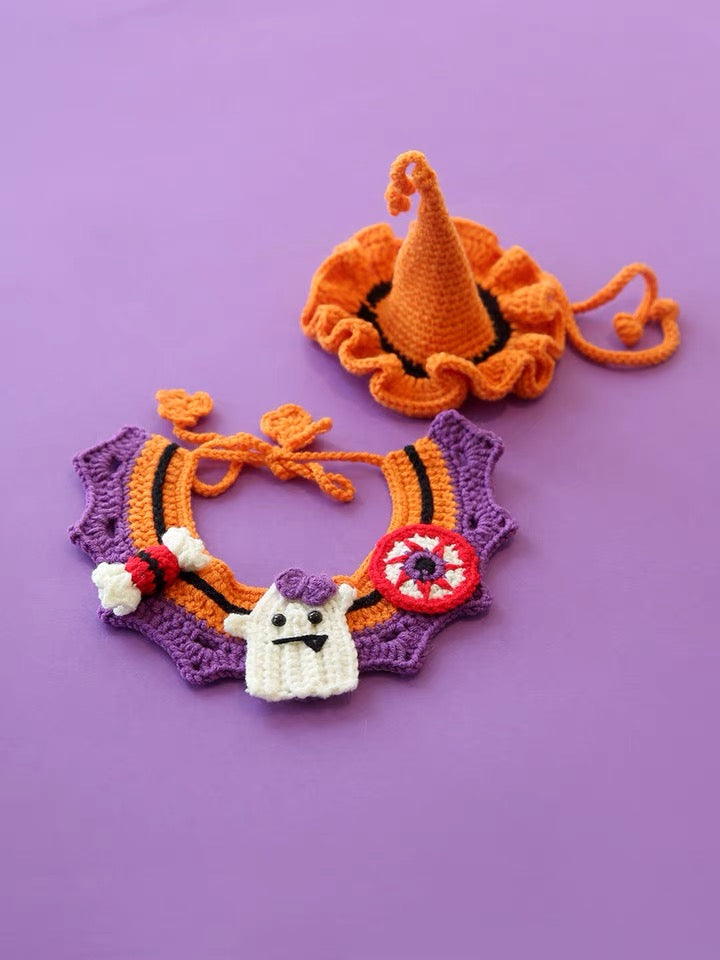 Handmade Knitted Cat Dog Collar | Halloween Pumpkin Witch Ghost Cute Style Knit Costume Neck Wear for Kitty Cat Puppy Dog Bunny Rabbit