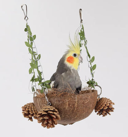 Natural Coconut Shell Bed Nest Swings with Coconut Shreds Hanging Parrot 