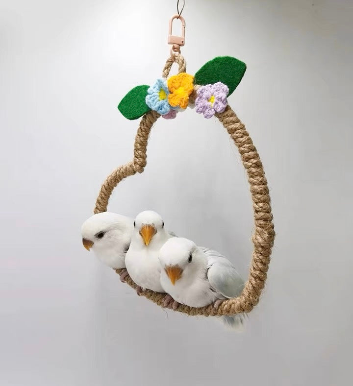 Heart Shape Swings with Flower Parrot Handmade Bird Toys