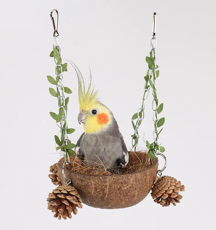 Natural Coconut Shell Bed Nest Swings with Coconut Shreds Hanging Parrot 