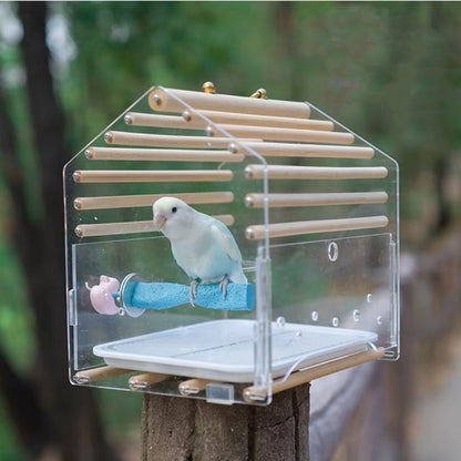 Small Bird Outing Carry Cage Acrylic Board with Wood Sticks and Strap for Small Bird Parrot Lovebird Budgie Pacific Parrotlet Finches Hamster