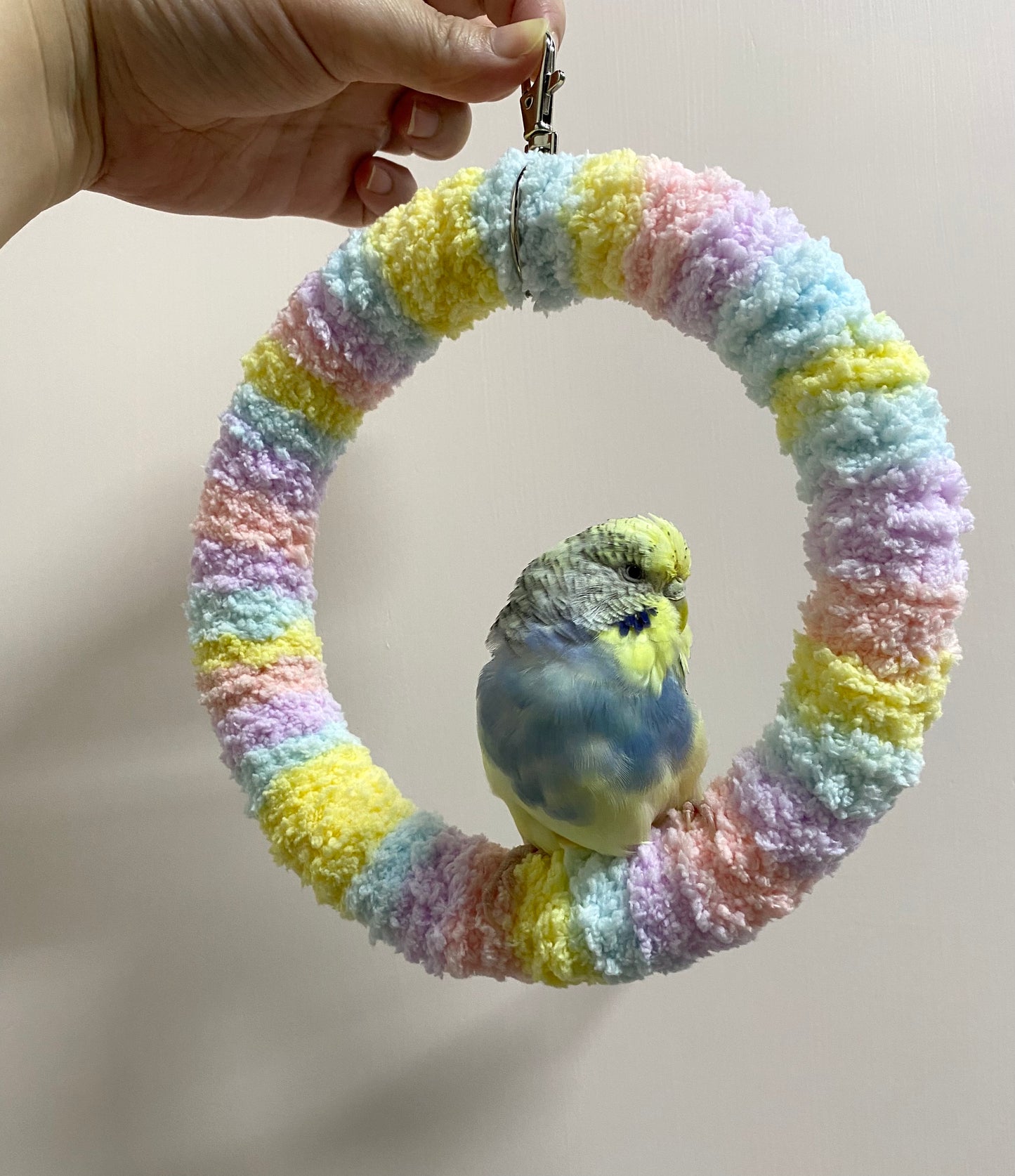 +Handmade+17.5cm Pastel Macaron Yarn Knitting Ring Swings Parrot Birdie Toy