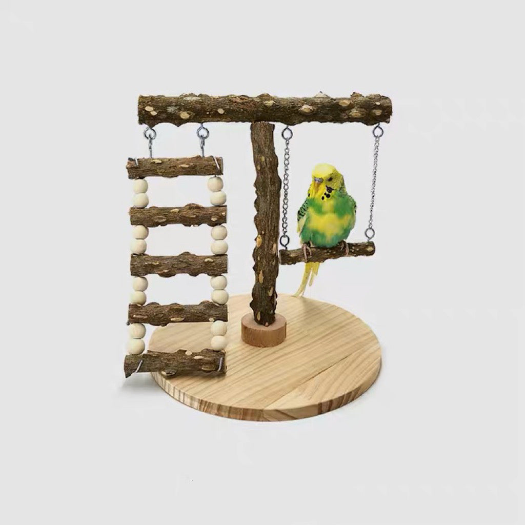 Natural Wooden Bird Stand Playground with Ladder and Swings Parrot Handmade Bird Toys Organic Lovebird Budgie Pacific Parrotlet