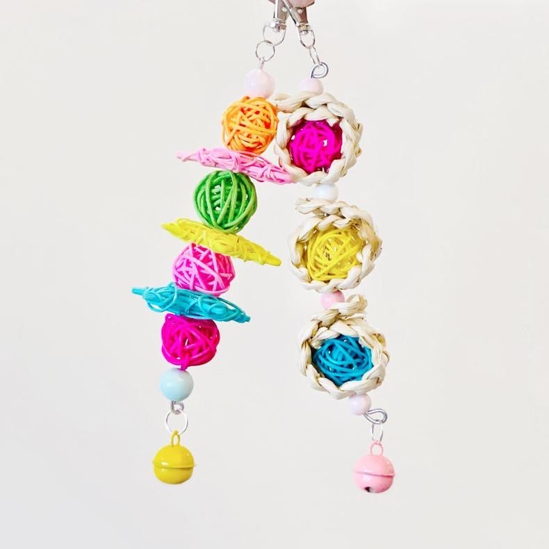 Colourful Takraw with Bell Bite Hanging Natural Parrot Birdie Toy for Small Medium Size Parrot Cages Accessories