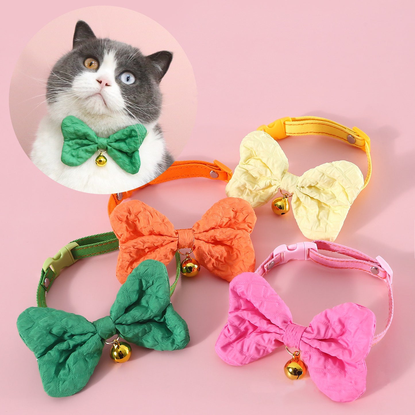 Handmade Cat Collar | Candy Ribbon Bowtie Yellow Hot Pink Green Orange - Neck Wear for Kitty Cat Puppy Dog