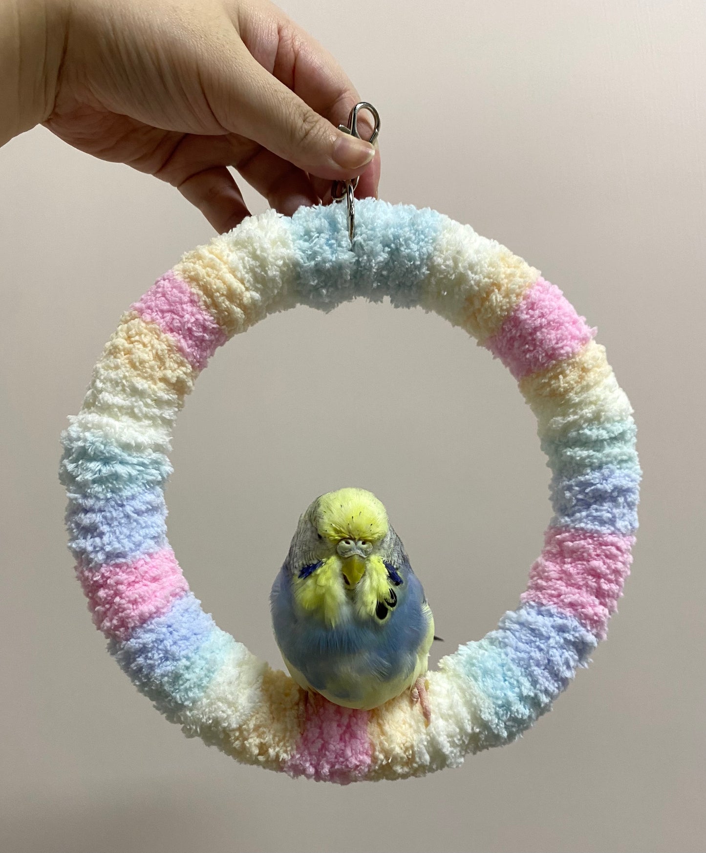 +Handmade+17.5cm Pastel Cotton Candy Yarn Knitting Ring Swings Parrot Birdie Toy