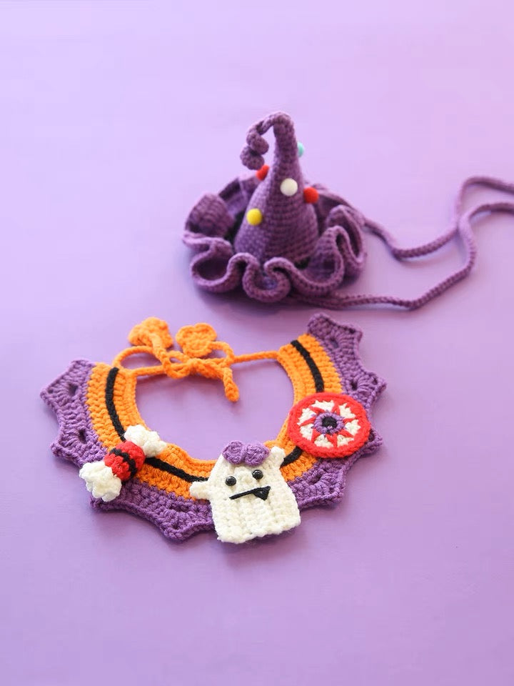 Handmade Knitted Cat Dog Collar | Halloween Pumpkin Witch Ghost Cute Style Knit Costume Neck Wear for Kitty Cat Puppy Dog Bunny Rabbit