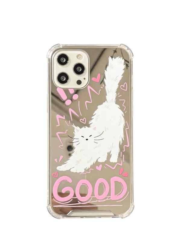 Good White Cat Kitten with Mirror iPhone case Kawaii Lovely Cute Lolita iPhone 7 8 PLUS SE2 XS XR X 11 12 13 14 15 Pro Promax 12mini 13mini