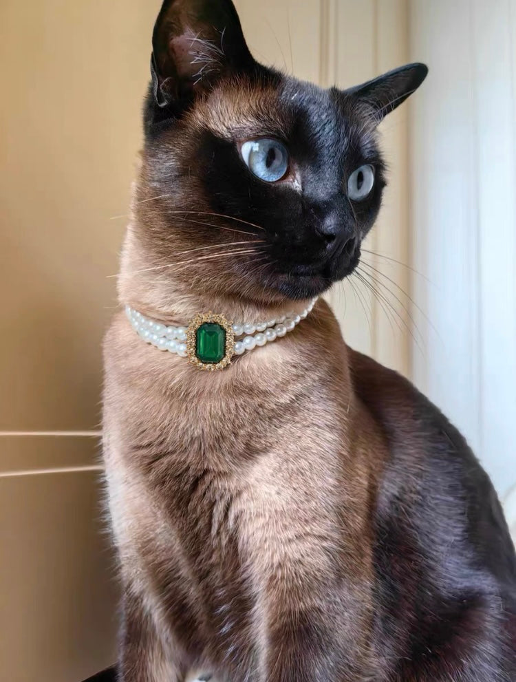 Handmade Cat Collar | Double Pearl with Square Jewel - Lovely Accessory Neck Wear for Kitty Cat Puppy Dog Bunny Rabbit