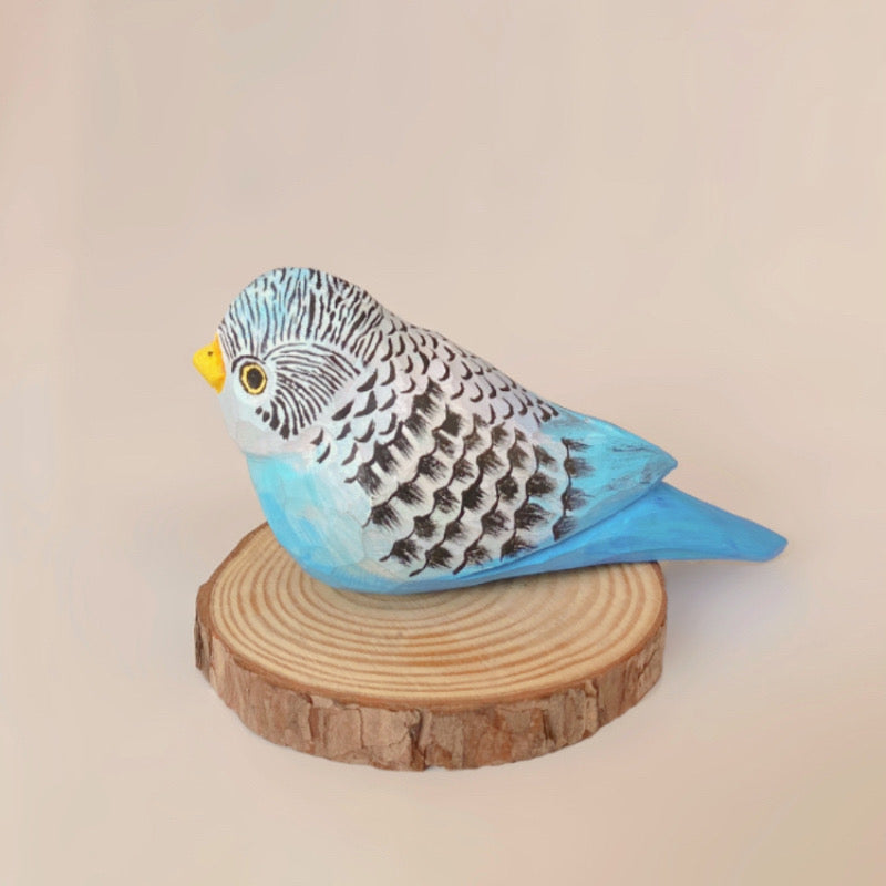 Handmade Bass Wood Blue Green Budgie Parrot Bird Figure Wood Carving Decoration Gift Made to Order