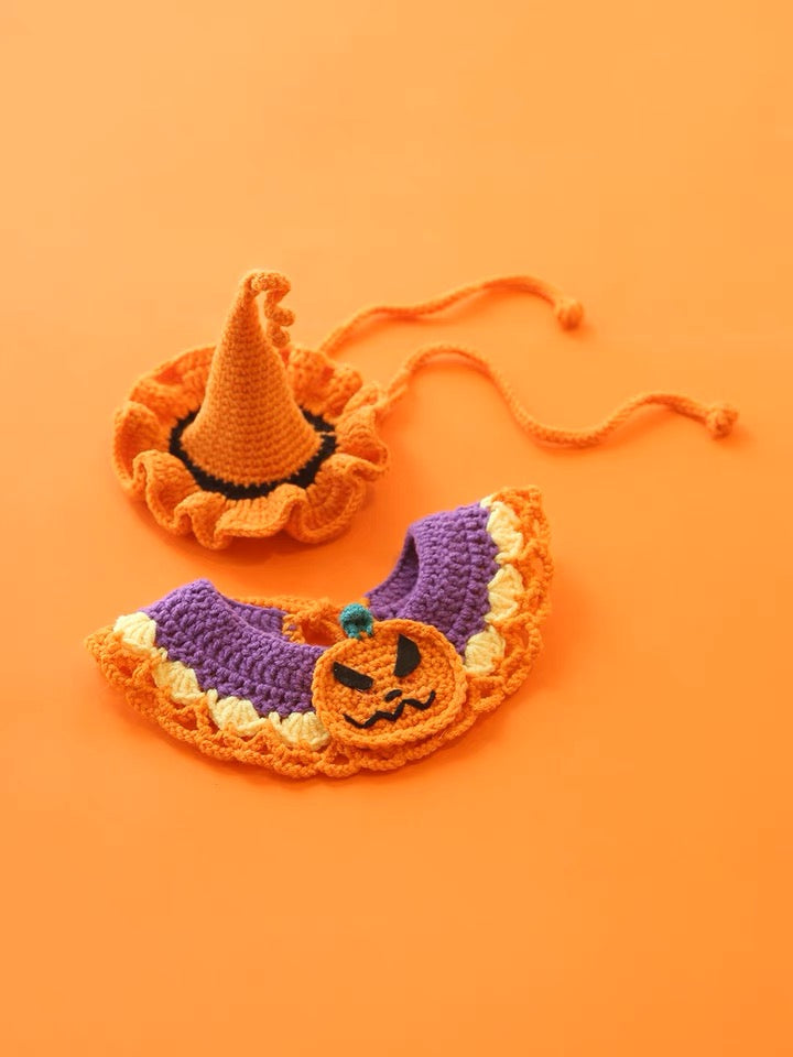 Handmade Knitted Cat Dog Collar | Halloween Pumpkin Witch Ghost Cute Style Knit Costume Neck Wear for Kitty Cat Puppy Dog Bunny Rabbit