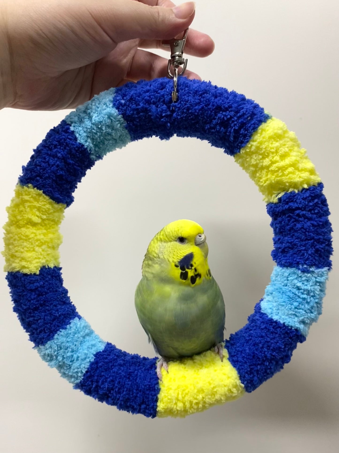 +Handmade+17.5cm SunRise Blue Light Blue Yellow Yarn Knitting Ring Swings Warm Parrot Birdie Toy