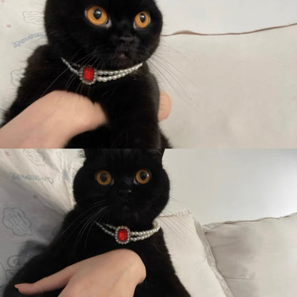 Handmade Cat Collar | Double Pearl with Square Jewel - Lovely Accessory Neck Wear for Kitty Cat Puppy Dog Bunny Rabbit