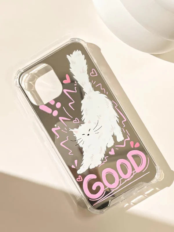 Good White Cat Kitten with Mirror iPhone case Kawaii Lovely Cute Lolita iPhone 7 8 PLUS SE2 XS XR X 11 12 13 14 15 Pro Promax 12mini 13mini