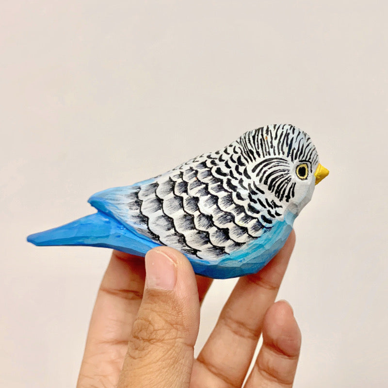 Handmade Bass Wood Blue Green Budgie Parrot Bird Figure Wood Carving Decoration Gift Made to Order