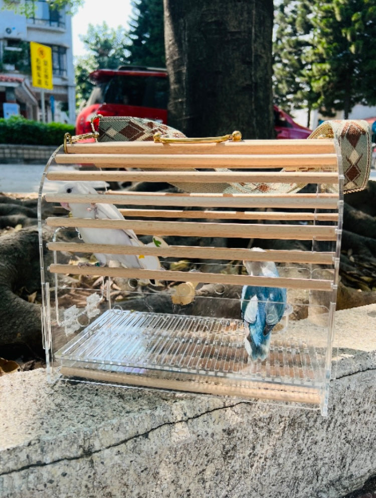 Medium Bird Outing Carry Cage Acrylic Board with Wood Sticks and Strap for Medium Bird Parrot Cockatiel Conure Myiopsitta