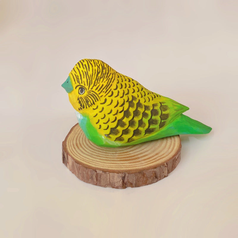 Handmade Bass Wood Blue Green Budgie Parrot Bird Figure Wood Carving Decoration Gift Made to Order