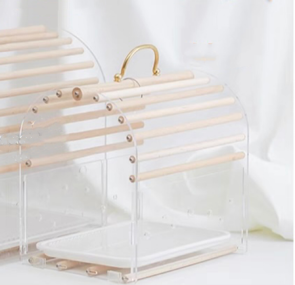 Small Bird Outing Carry Cage Acrylic Board with Wood Sticks and Strap for Small Bird Parrot Lovebird Budgie Pacific Parrotlet Finches Hamster