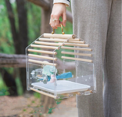 Small Bird Outing Carry Cage Acrylic Board with Wood Sticks and Strap for Small Bird Parrot Lovebird Budgie Pacific Parrotlet Finches Hamster