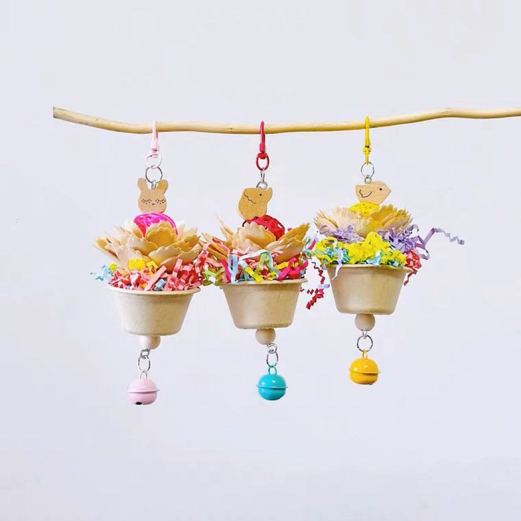 Colourful Flower Pots with Bell Bite Hanging Natural Parrot Birdie Toy