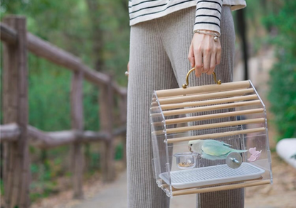 Small Bird Outing Carry Cage Acrylic Board with Wood Sticks and Strap for Small Bird Parrot Lovebird Budgie Pacific Parrotlet Finches Hamster