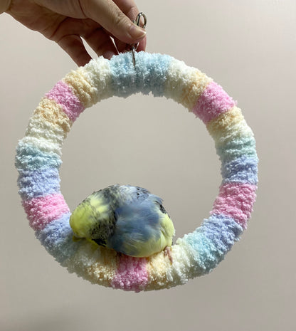 +Handmade+17.5cm Pastel Cotton Candy Yarn Knitting Ring Swings Parrot Birdie Toy