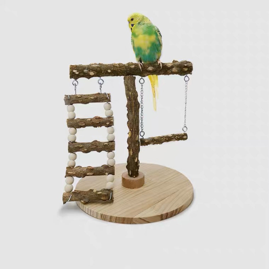 Natural Wooden Bird Stand Playground with Ladder and Swings Parrot Handmade Bird Toys Organic Lovebird Budgie Pacific Parrotlet