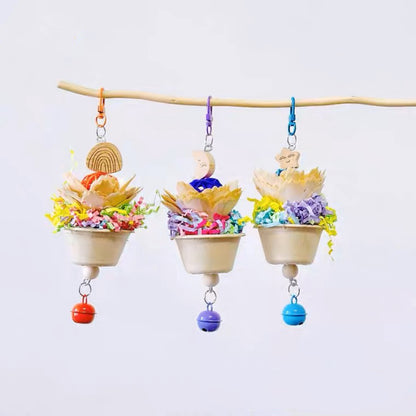 Colourful Flower Pots with Bell Bite Hanging Natural Parrot Birdie Toy