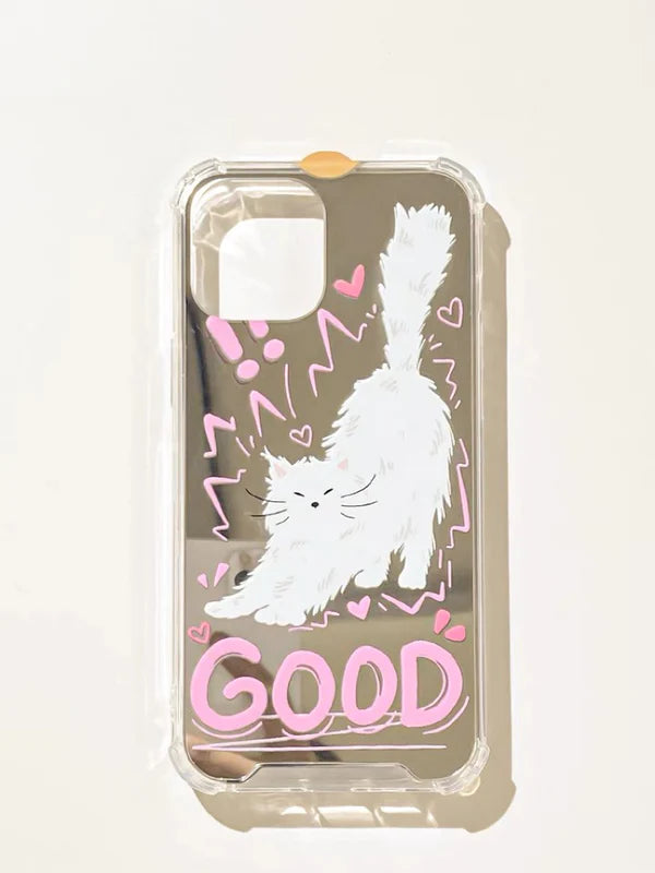 Good White Cat Kitten with Mirror iPhone case Kawaii Lovely Cute Lolita iPhone 7 8 PLUS SE2 XS XR X 11 12 13 14 15 Pro Promax 12mini 13mini