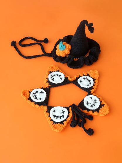 Handmade Knitted Cat Dog Collar | Halloween Pumpkin Witch Ghost Cute Style Knit Costume Neck Wear for Kitty Cat Puppy Dog Bunny Rabbit