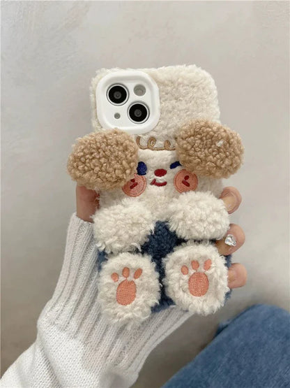 Korea Style Plush Apple Cheek Cute Dog Doggie Fluffy iPhone Case 11 12 13 14 15 Pro Promax