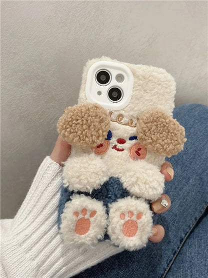 Korea Style Plush Apple Cheek Cute Dog Doggie Fluffy iPhone Case 11 12 13 14 15 Pro Promax