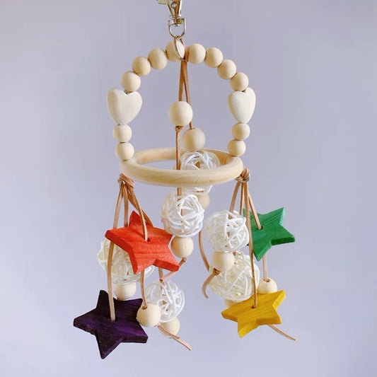 Wooden Wind Chines Circus Style with Stars Takraw Hanging Toy Handmade Bird Parrot Toys Organic Bird Cages Accessories