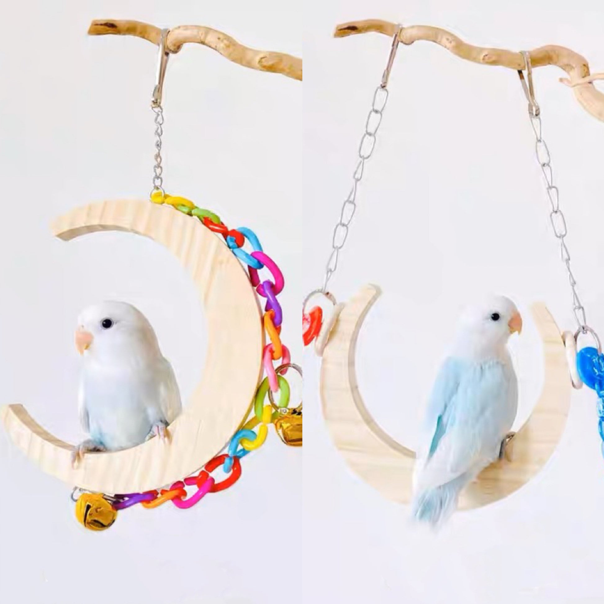 Moon Swings Hanging Natural Wood Parrot Birdie Toy